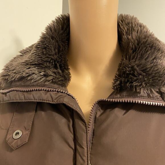 DKNY Brown Puffer Trench Coat Belted High Collar Women S Faux Fur Insulate Soft - Picture 8 of 10